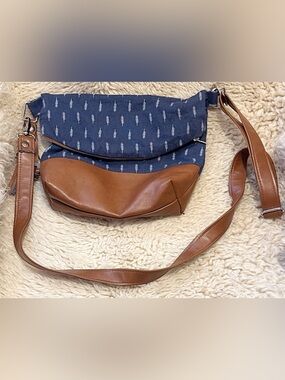 Soft Canvas and Faux Leather Crossbody Bag - Navy and Brown
